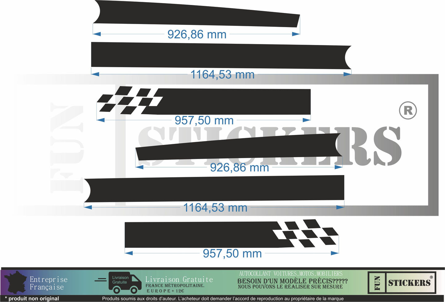 Sticker kit décoration latérales bandes damiers – Compatible toutes Fiat 500