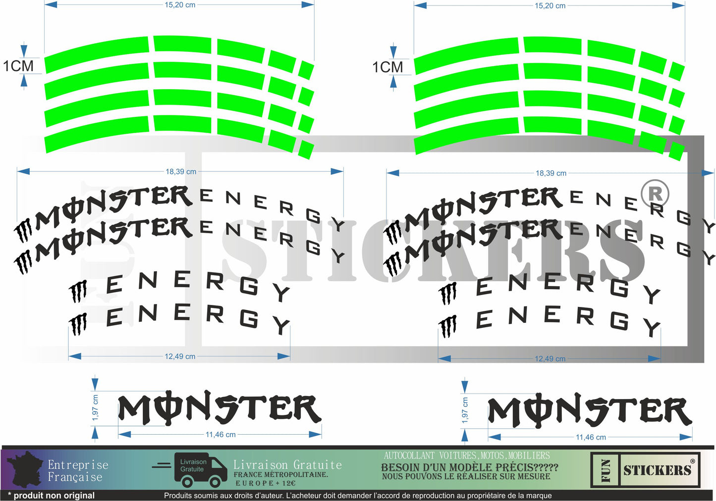 stickers autocollants moto liserets jantes Monster energy - kit décoration avant et arrière