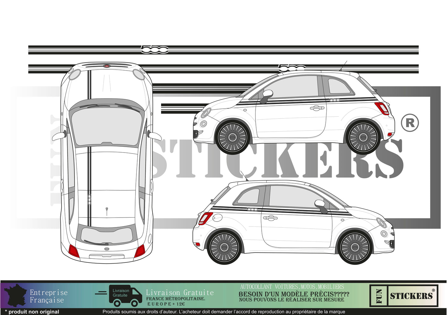 Sticker kit décoration bandes latérales 500  – Compatible toutes Fiat 500