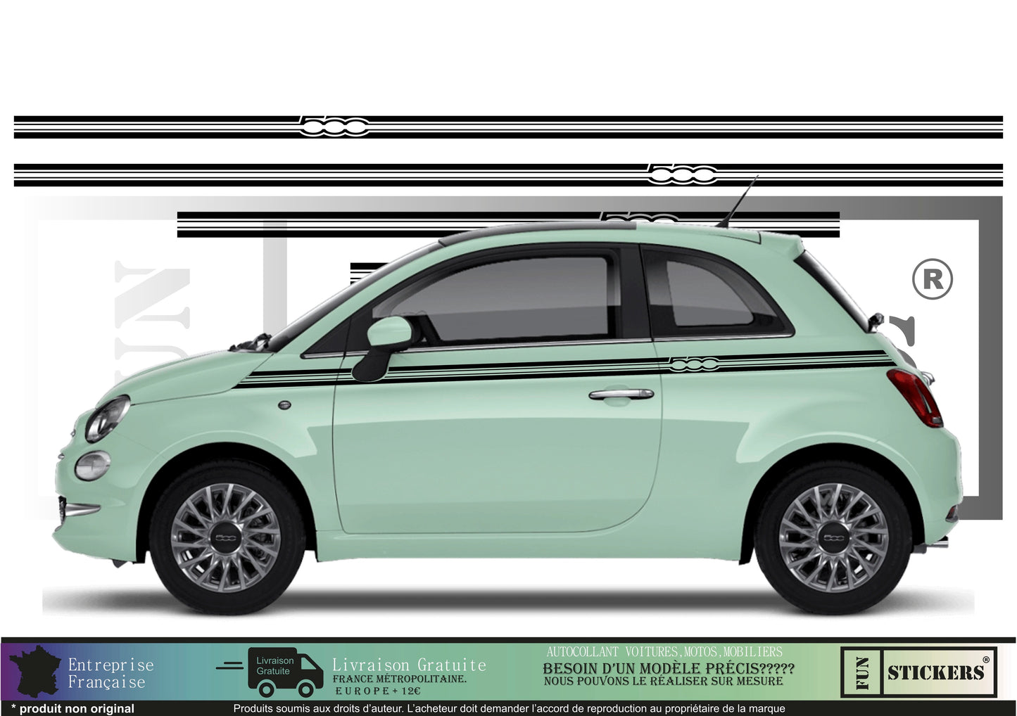 Sticker kit décoration bandes latérales 500  – Compatible toutes Fiat 500