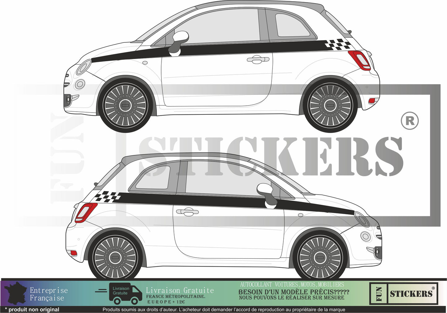 Sticker kit décoration latérales bandes damiers  – Compatible toutes Fiat 500
