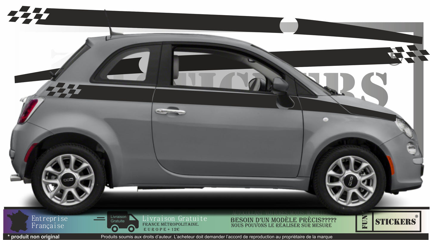 Sticker kit décoration latérales bandes damiers  – Compatible toutes Fiat 500