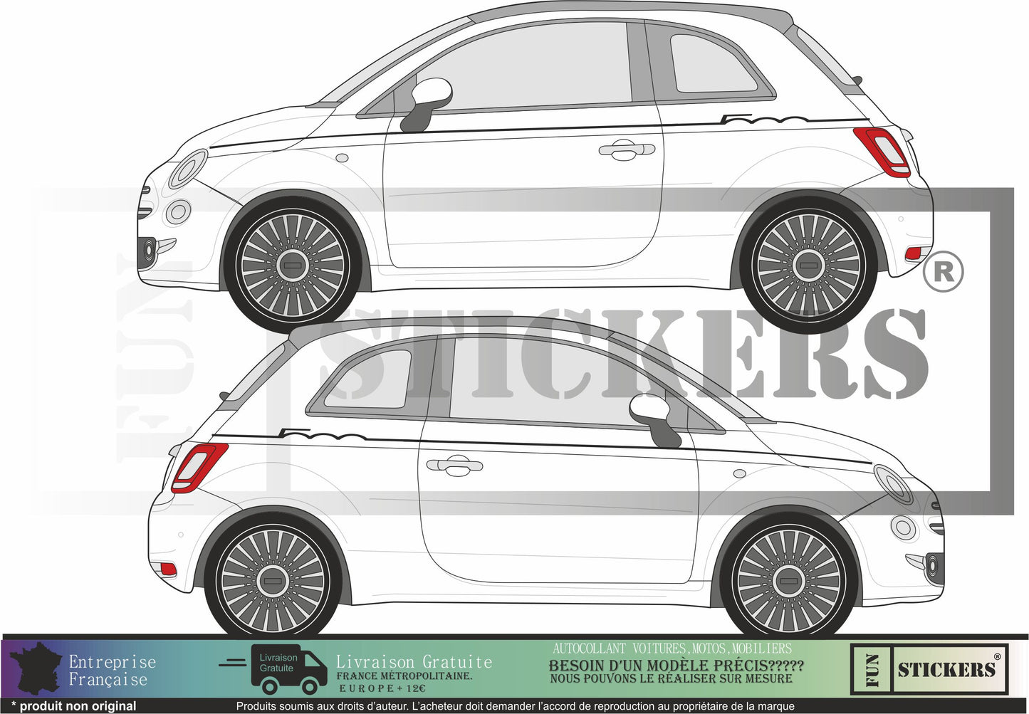 Sticker kit décoration latérales bandes 500 – Compatible toutes Fiat 500