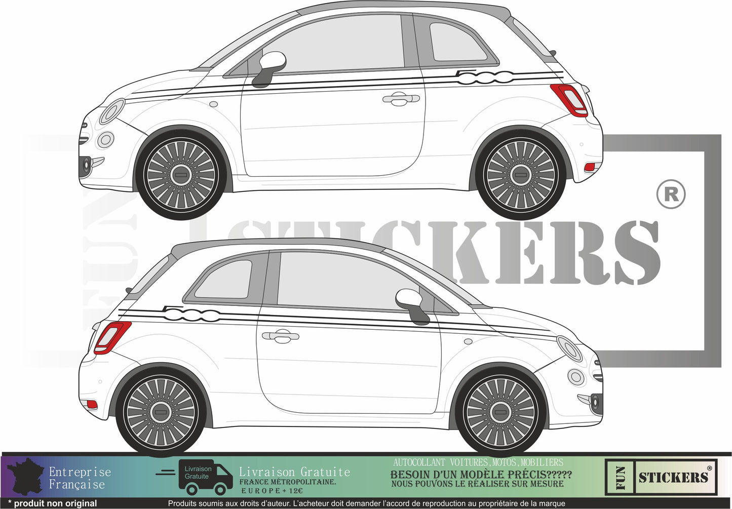 Sticker kit décoration latérales bandes 500 – Compatible toutes Fiat 500