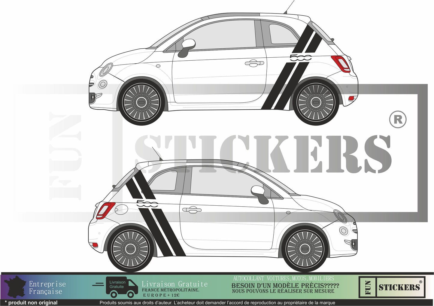 Sticker kit décoration latérales bandes 500 – Compatible toutes Fiat 500