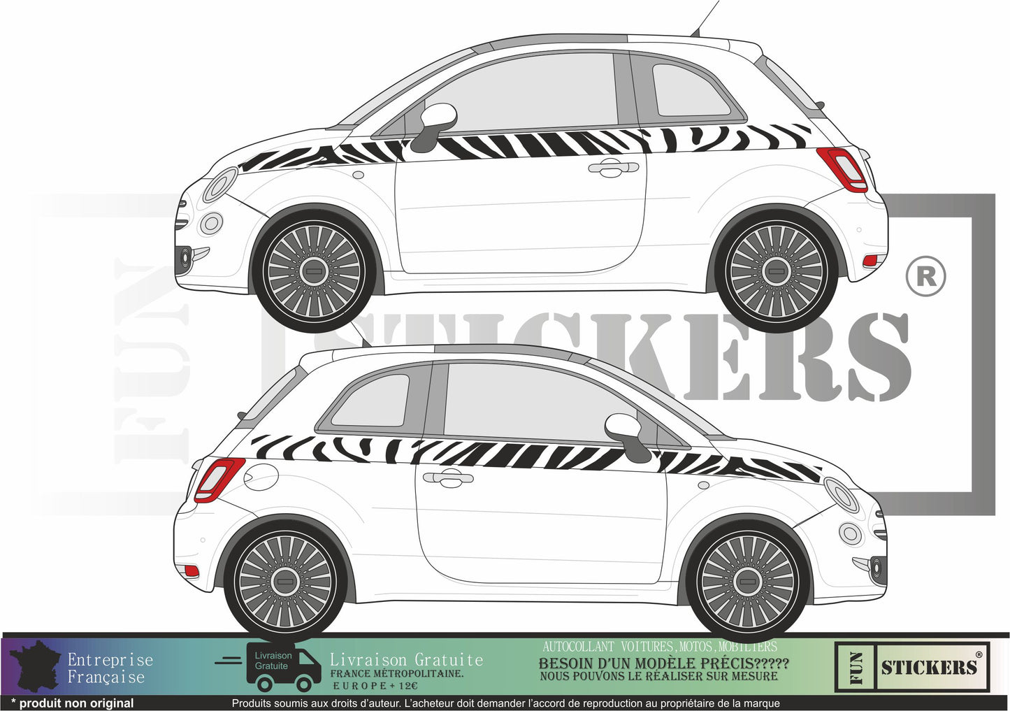 Sticker kit décoration latérales bandes zebre 500 – Compatible toutes Fiat 500