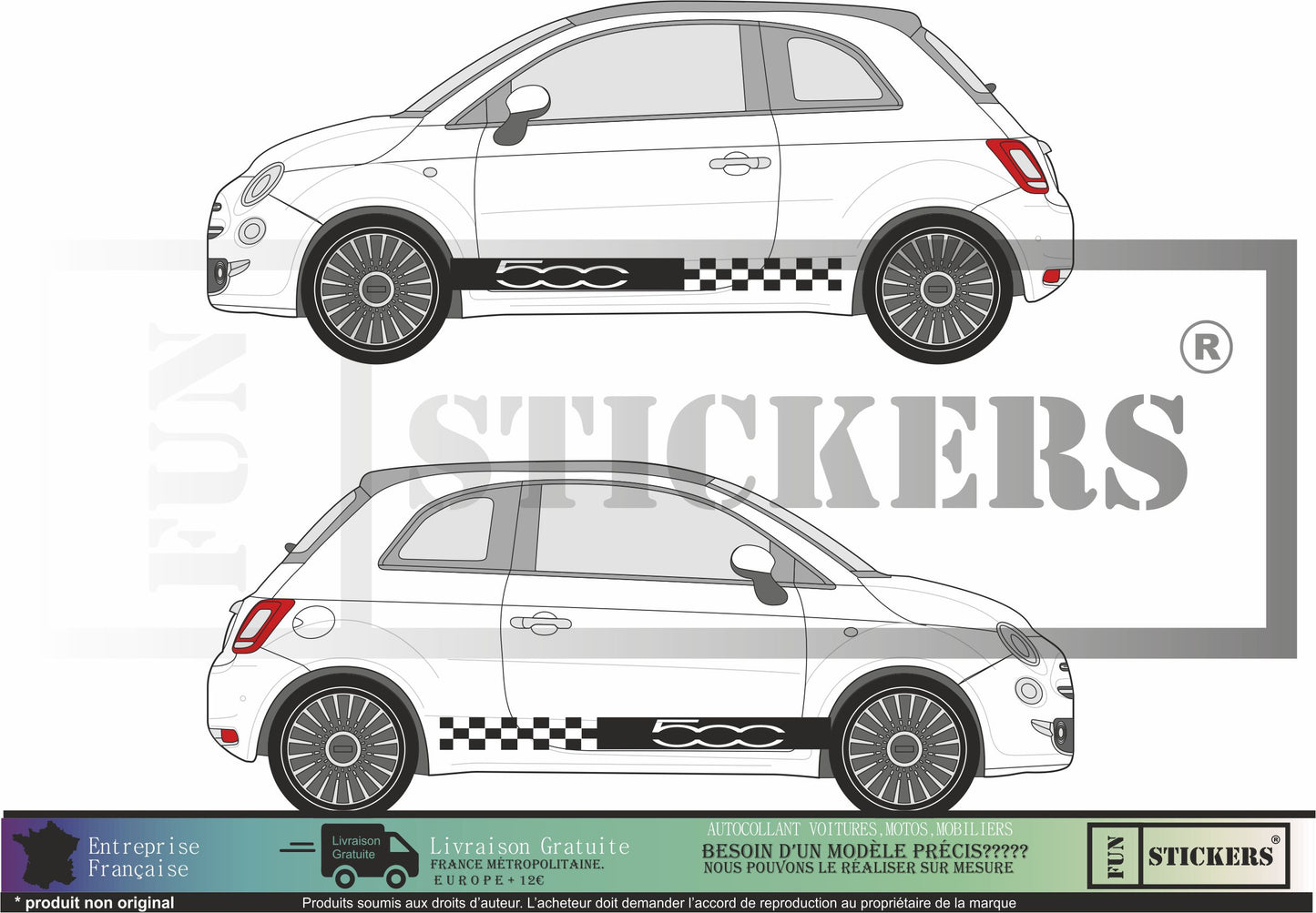 Sticker kit décoration latérales damier racing 500 – Compatible toutes Fiat 500