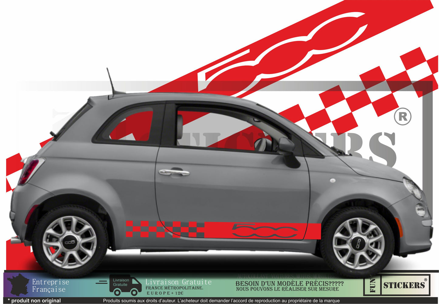 Sticker kit décoration latérales damier racing 500 – Compatible toutes Fiat 500