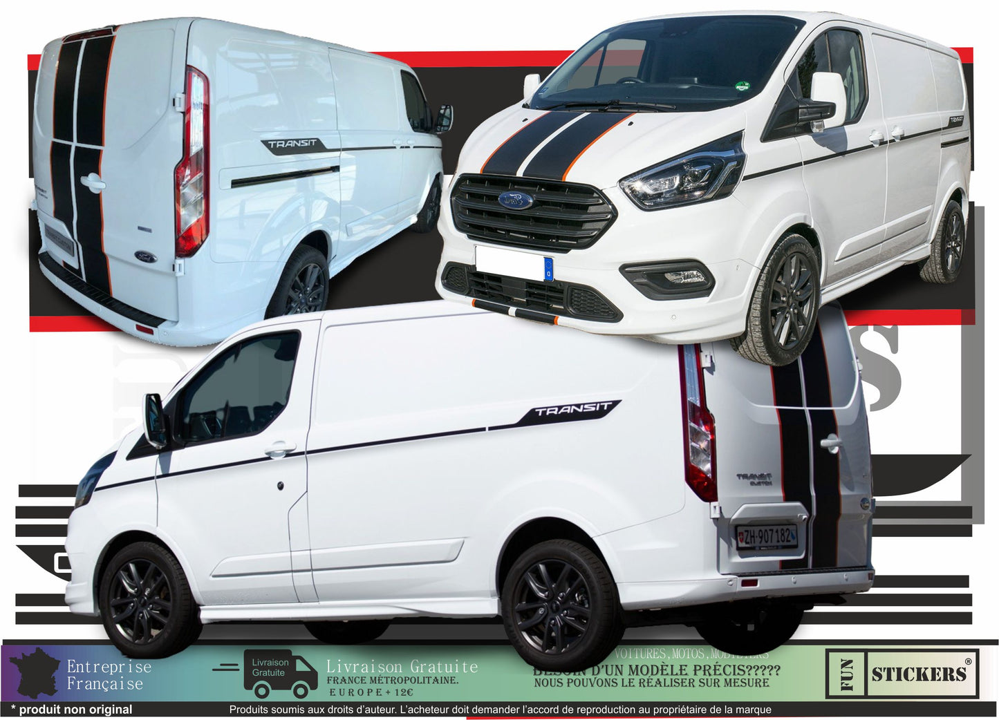 Stickers kit bandes intégrale ford transit custom compatible