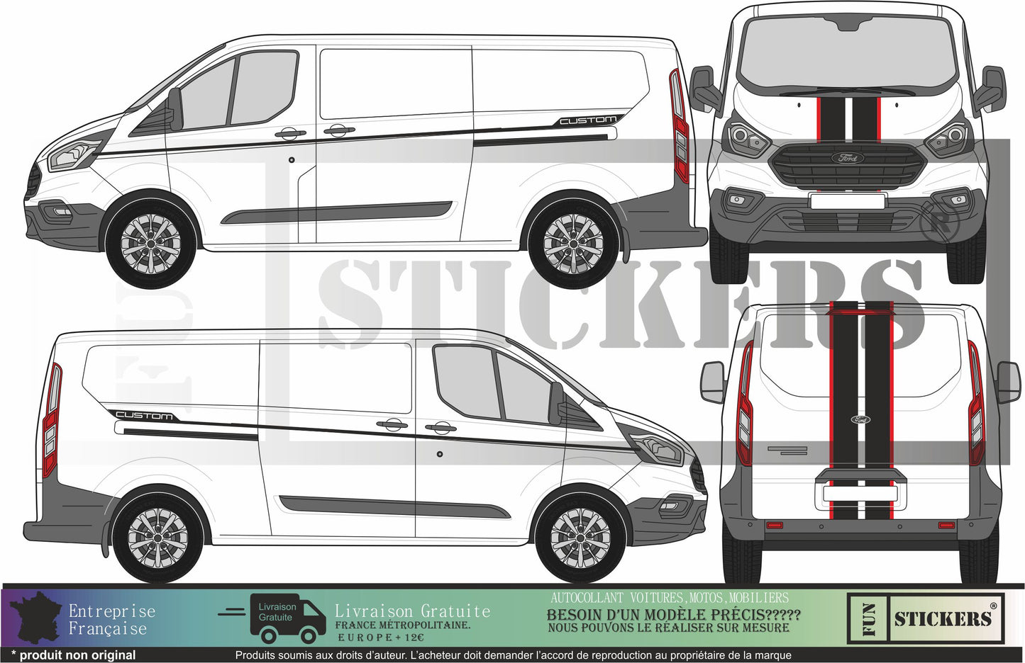 Stickers kit bandes intégrale ford transit custom compatible