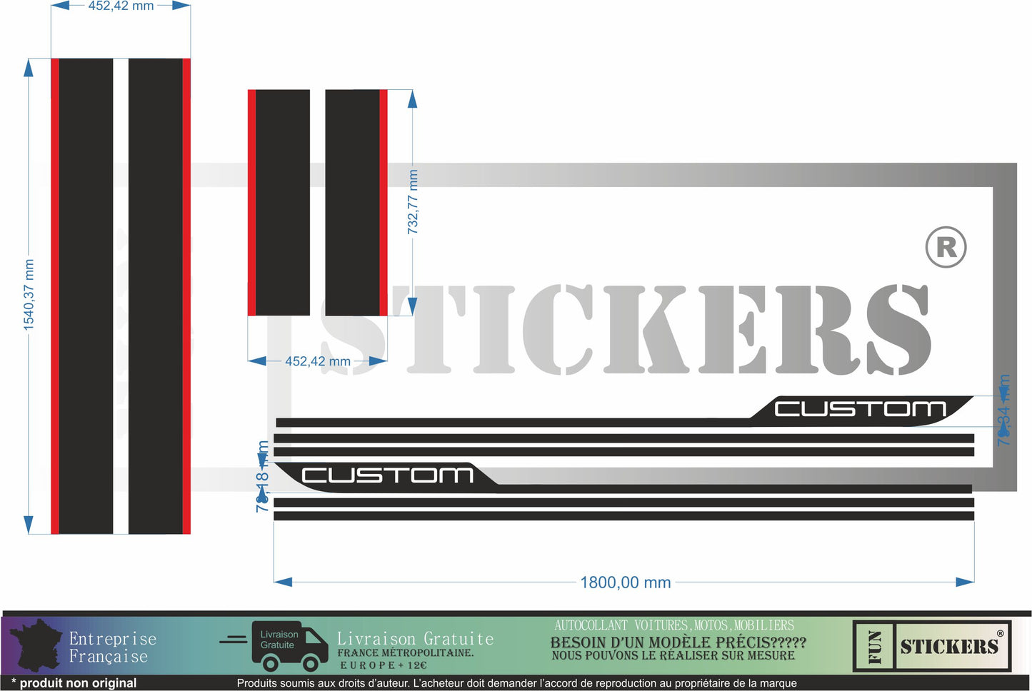 Stickers kit bandes intégrale ford transit custom compatible