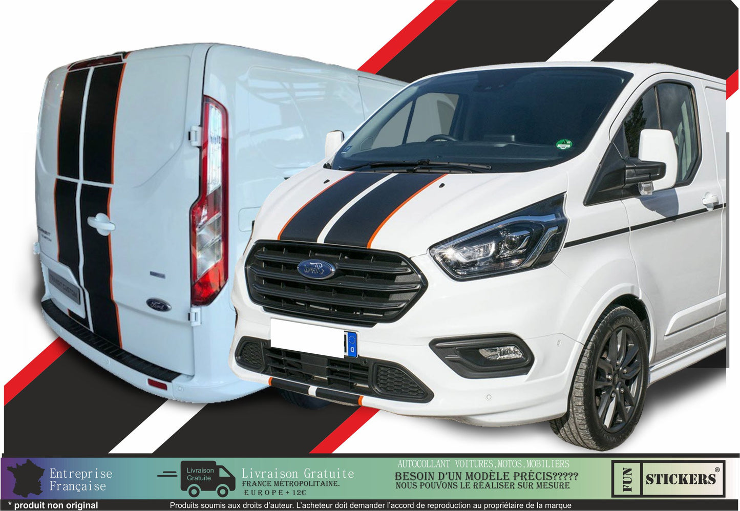 Stickers kit autocollants  bandes capot hayon ford transit compatible