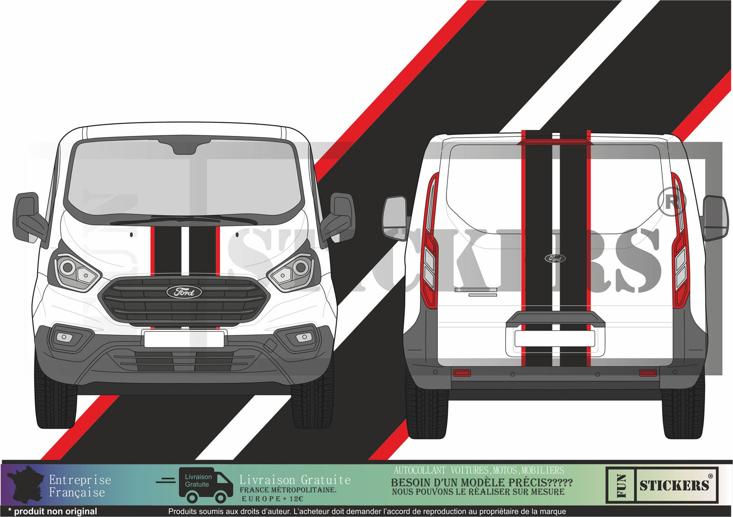 Stickers kit autocollants  bandes capot hayon ford transit compatible
