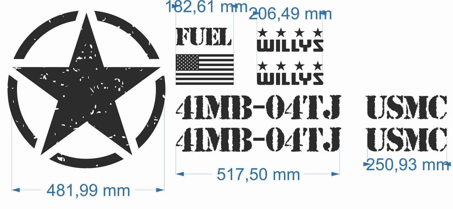 stickers autocollants pour Jeep Willys USMC - kit decoration adhésif