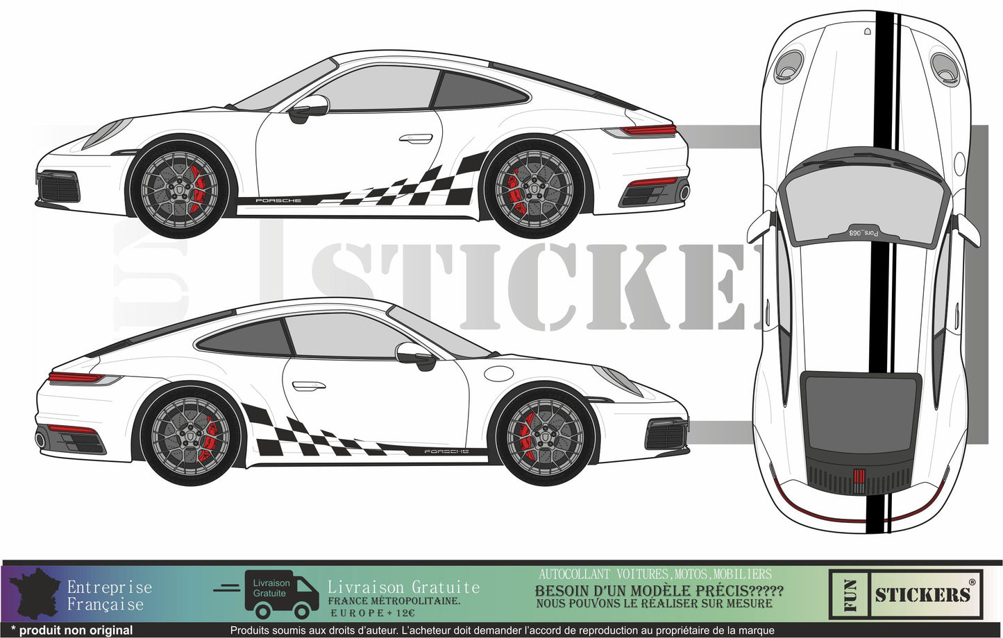 stickers autocollants pour Porsche- kit décoration bandes intégrales