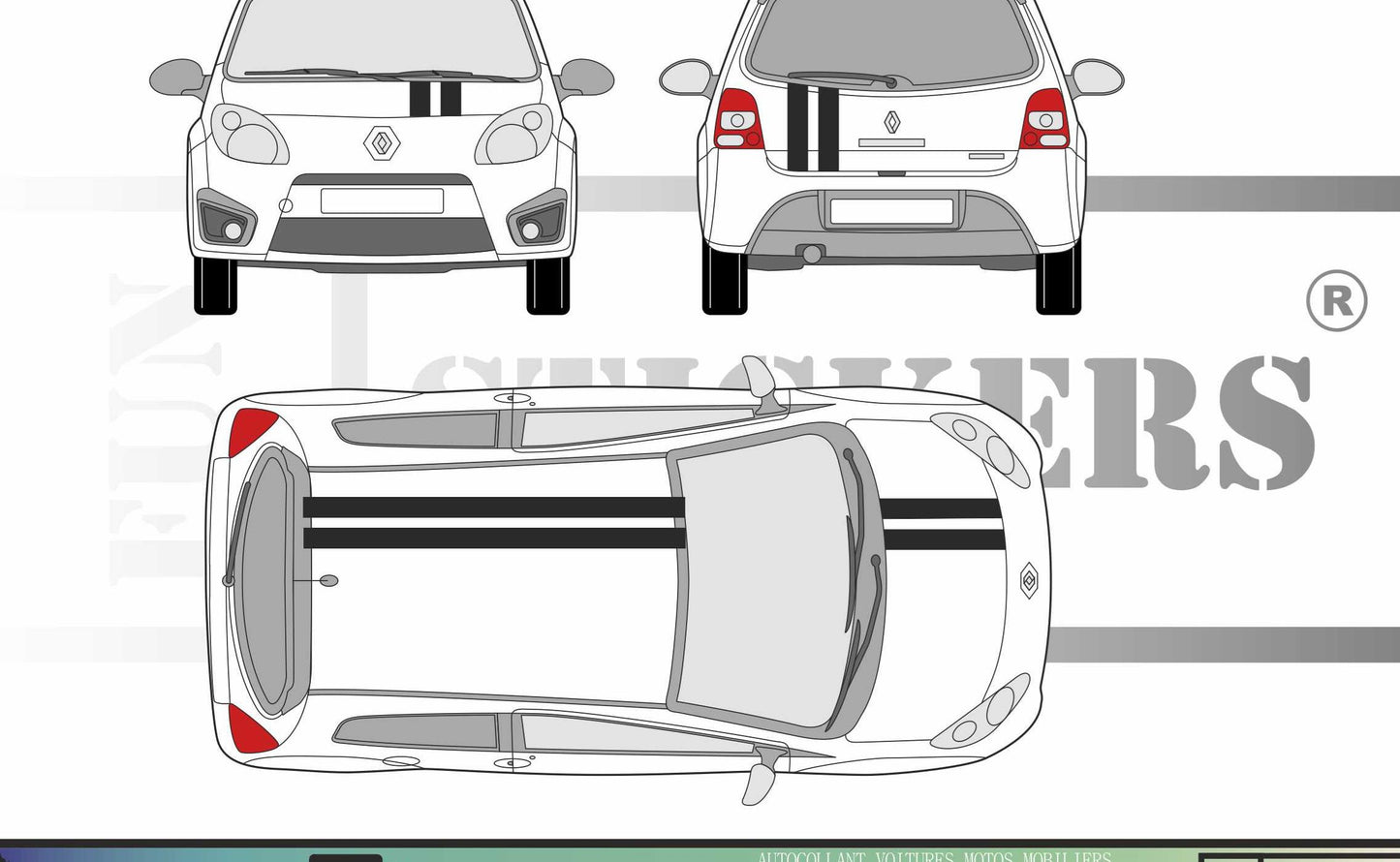 stickers autocollants pour RENAULT TWINGO - kit décoration BANDES CAPOT TOIT HAYON