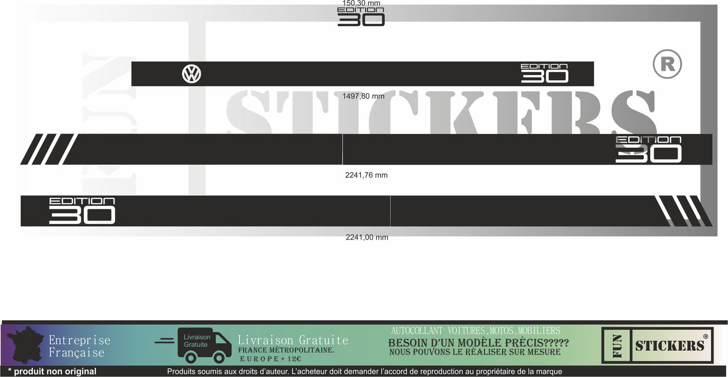 stickers autocollants pour vw volkswagen ecriture edition 30 - kit décoration adhésif pour van transporter