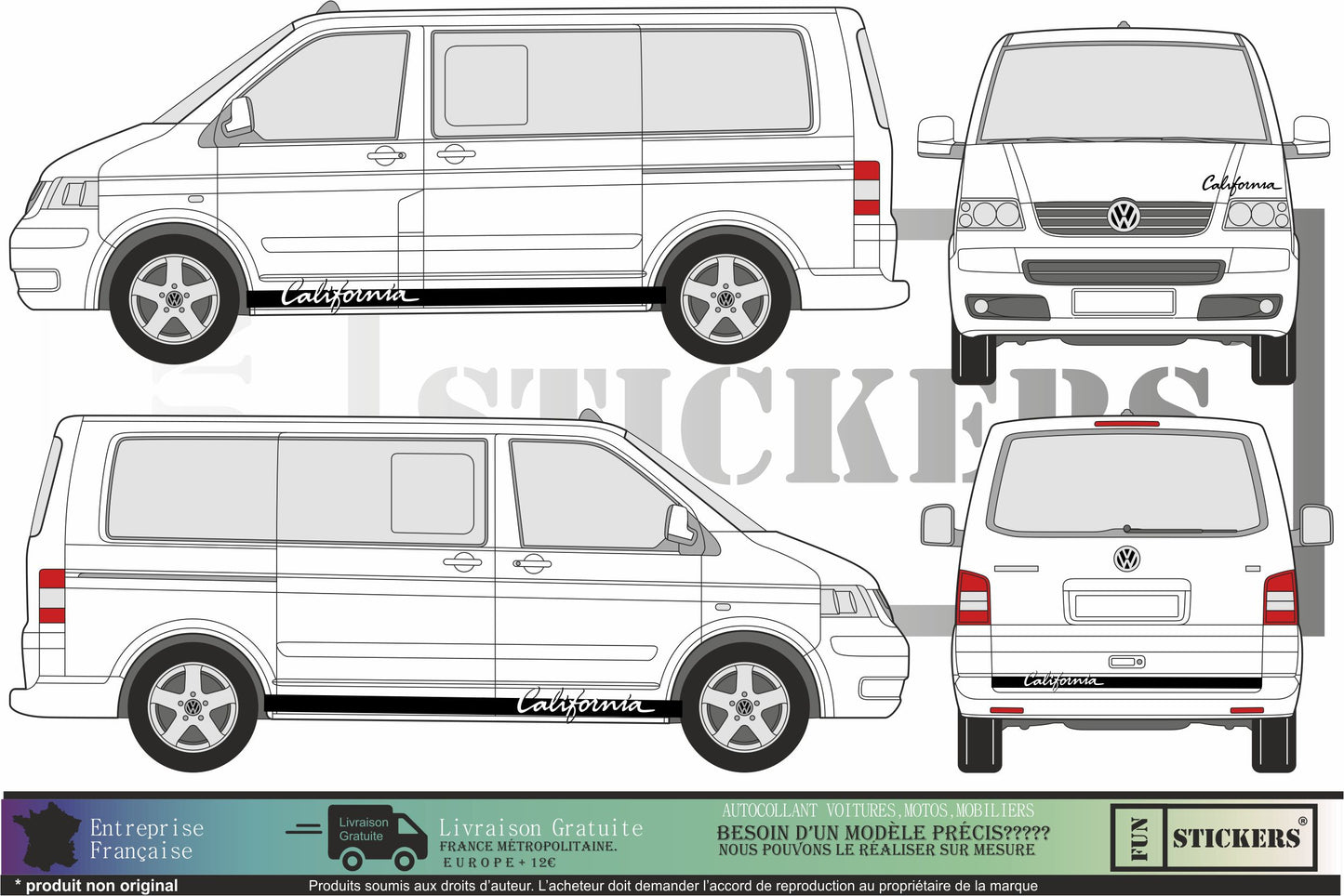 stickers autocollants bas de caisse ecriture california - kit décoration pour Volkswagen transporter