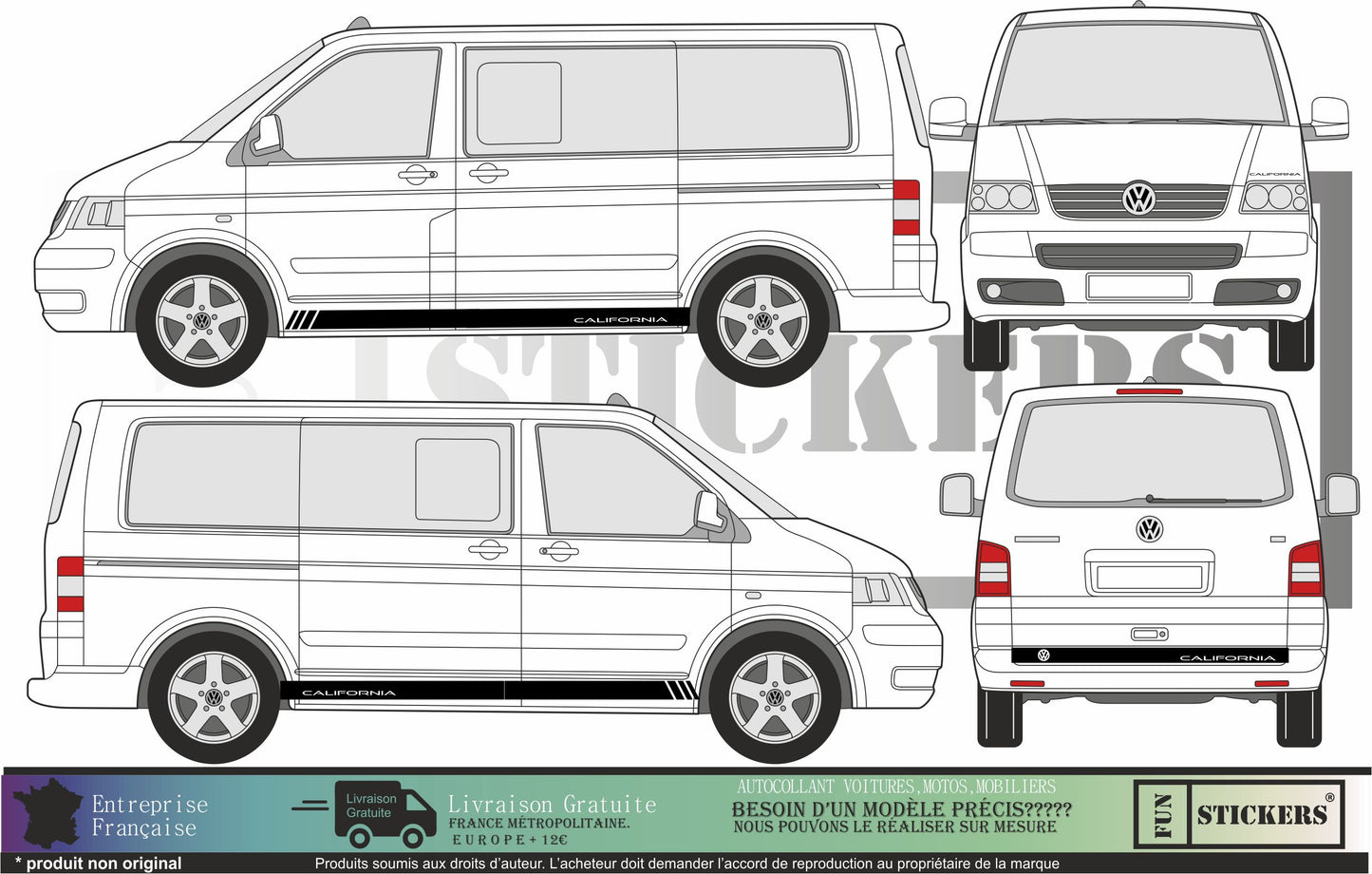 stickers autocollants pour volkswagen vw ecriture california - kit décoration