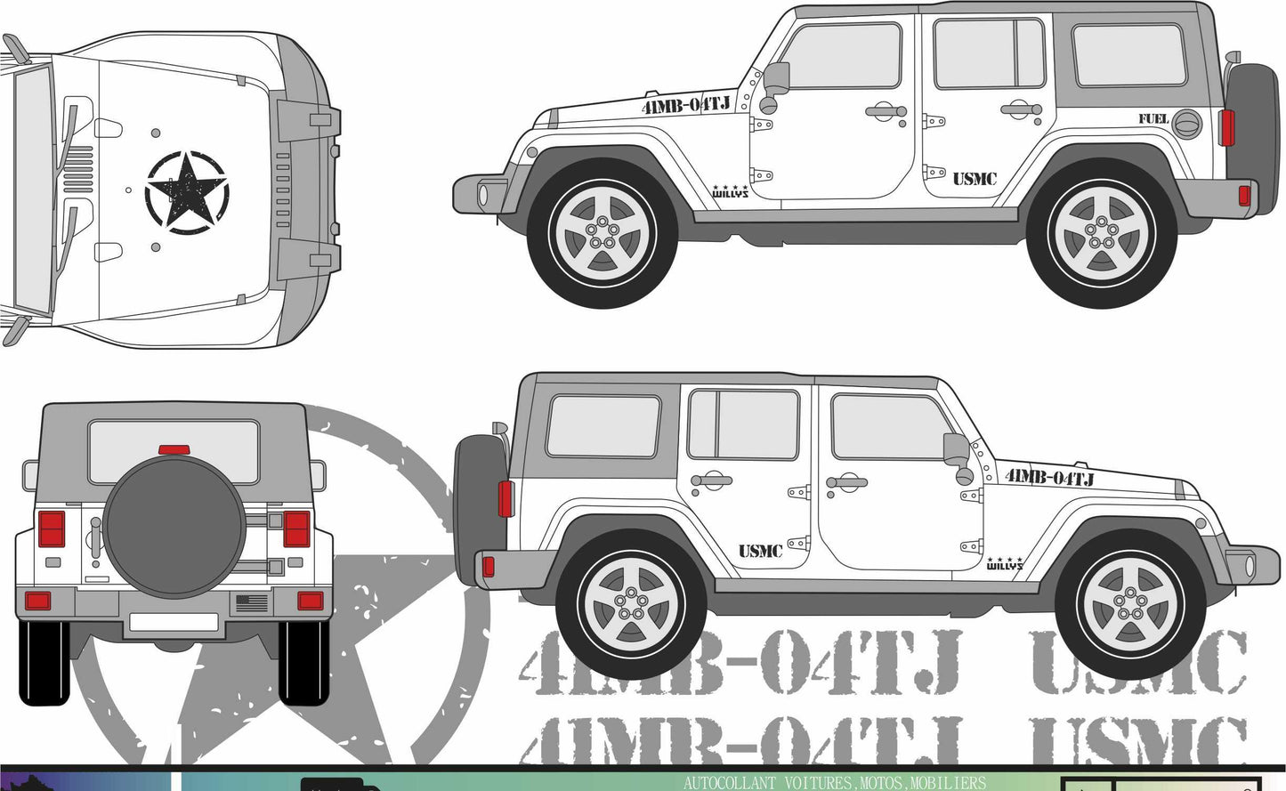 stickers autocollants pour Jeep Willys USMC - kit decoration adhésif